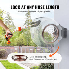 Retractable garden hose reel with 115ft hose, wall mount, and 180° swivel feature.