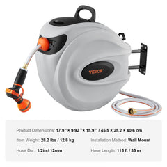 Retractable garden hose reel with 115ft hose and 180° swivel wall mount for easy watering.