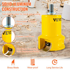 Bostome log tenon cutter with dual curved blades for 1", 1.5", and 2" diameter logs.