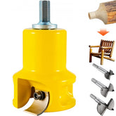 Yellow 1.5-inch log tenon cutter with hex shank, dual blades, and wood samples.