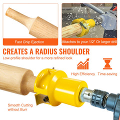 1.5-inch log tenon cutter with aluminum steel dual blades attached to a drill, showing smooth cutting and chip ejection.
