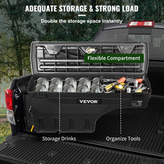 Black lockable waterproof truck bed storage box mounted on driver side wheel well, holding tools and drinks.