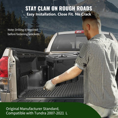 Black lockable waterproof truck bed storage box mounted on 2007-2021 Tundra driver side wheel well.