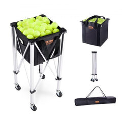 Foldable aluminum alloy tennis ball hopper cart holding 180 green balls, with wheels and carry bag.
