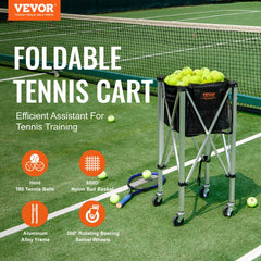 Foldable tennis ball hopper cart made of aluminum alloy with wheels, holding 180 balls in a nylon basket.