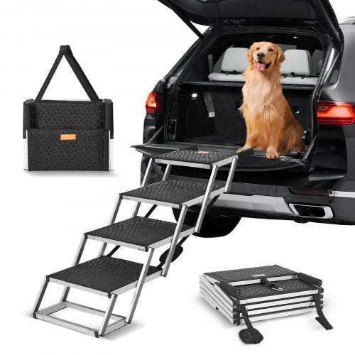 Four-step folding dog stairs made of aluminum with a non-slip surface and adjustable height.