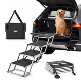 Four-step folding dog stairs made of aluminum with a non-slip surface and adjustable height.