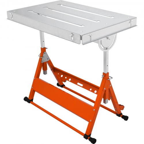 Silver adjustable-height steel welding table with orange frame and slots, 30x20 inches.