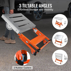 Orange and silver adjustable welding table with 3 tilt angles, wheels, and folding design.