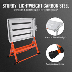 Orange and white adjustable steel welding table with slots, 30x20 inches, on wheels.