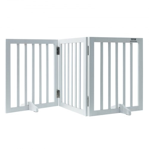 White 3-panel freestanding dog gate, 24 inches high and 60 inches wide.