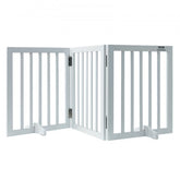 White 3-panel freestanding dog gate, 24 inches high and 60 inches wide.