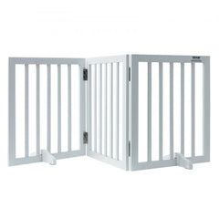 White 3-panel freestanding dog gate, 24 inches high and 60 inches wide.