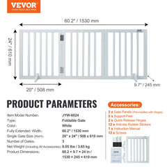 White 3-panel free-standing dog gate, 24 inches high by 60 inches wide.