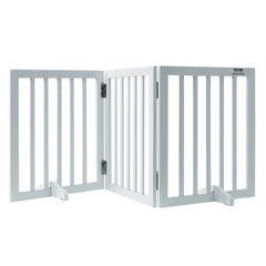 White 3-panel freestanding dog gate, 24 inches high and 60 inches wide.