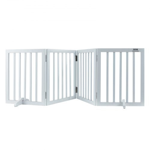White 4-panel free-standing dog gate, 24 inches high and 80.3 inches wide.