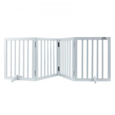 White 4-panel free-standing dog gate, 24 inches high and 80.3 inches wide.