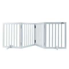 White 4-panel free-standing dog gate, 24 inches high and 80.3 inches wide.