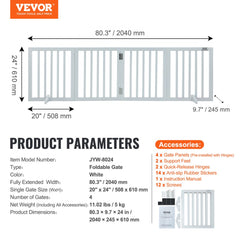 A white, four-panel foldable pet gate with dimensions and accessories listed.
