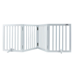 White 4-panel free-standing dog gate, 24 inches high and 80.3 inches wide.