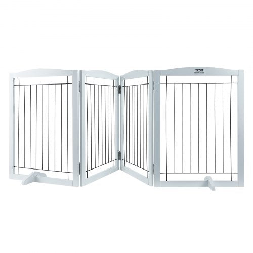 White four-panel freestanding dog gate with vertical bars and hinged folding design.