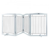 White four-panel freestanding dog gate with vertical bars and hinged folding design.