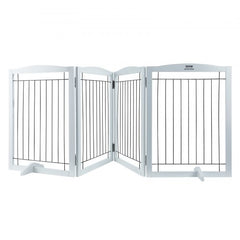White four-panel freestanding dog gate with vertical bars and hinged folding design.