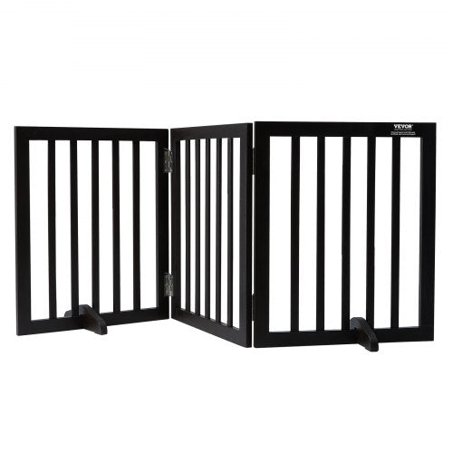 Brown wooden foldable freestanding dog gate, 24 inches high and 60 inches wide.