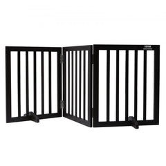 Brown wooden foldable freestanding dog gate, 24 inches high and 60 inches wide.
