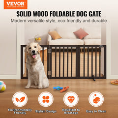 Brown wooden foldable freestanding dog gate, 24 inches high and 60 inches wide, with a golden retriever nearby.