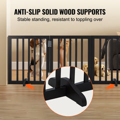 Brown wooden foldable freestanding dog gate with anti-slip solid wood supports and three panels.