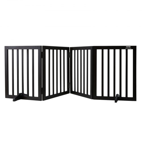 Brown wood freestanding dog gate with four panels, 24 inches high and 80.3 inches wide.