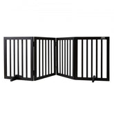 Brown wood freestanding dog gate with four panels, 24 inches high and 80.3 inches wide.
