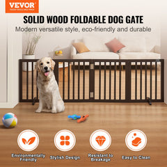 Brown wood freestanding dog gate with four panels, 24 inches high and 80.3 inches wide.