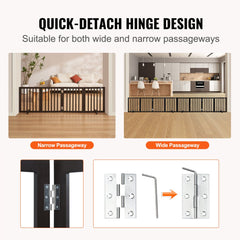 Brown wooden 4-panel freestanding dog gate, 24" high and 80.3" wide, with anti-slip supports.