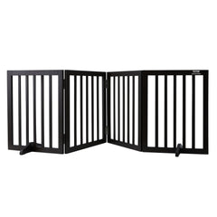 Brown wood freestanding dog gate with four panels, 24 inches high and 80.3 inches wide.
