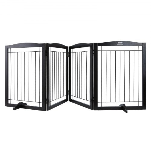 Brown wooden 4-panel foldable dog gate, 32 inches high and 96.5 inches wide.