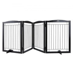 Brown wooden 4-panel foldable dog gate, 32 inches high and 96.5 inches wide.