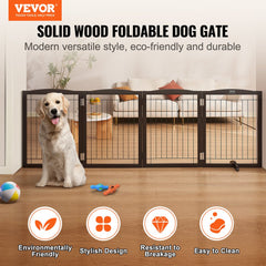 Brown wooden foldable dog gate with 4 panels, 32 inches high and 96.5 inches wide, shown containing a golden retriever.