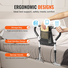 Bostome 90° foldable bed rail with adjustable height and dual handles for elderly safety.
