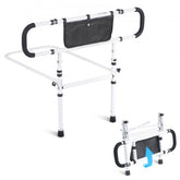 Bostome 180° foldable bed rail with dual handles and adjustable height for elderly support.