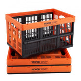 Three 45L orange and black plastic collapsible storage baskets stacked together.