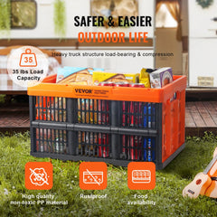 Three-pack of 45L orange and black collapsible plastic storage baskets with handles, shown folded and loaded with groceries.