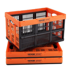 Three orange and black 45L VEVOR plastic collapsible storage baskets stacked together.