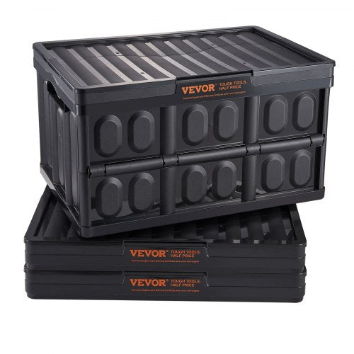 Three stackable collapsible plastic storage bins with lids, each 45L capacity.