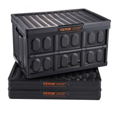 Three stackable collapsible plastic storage bins with lids, each 45L capacity.