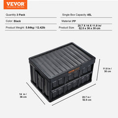 Three stackable, collapsible plastic storage bins with lids, each 45L in capacity.