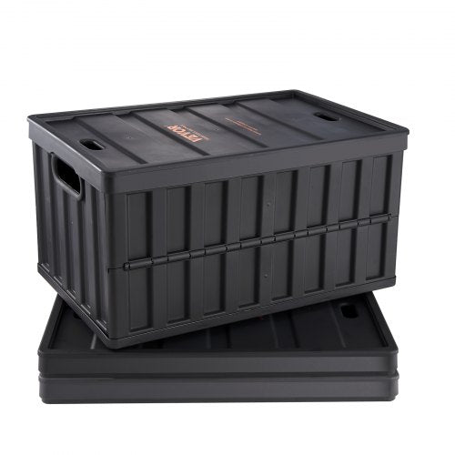 Three black 65L collapsible storage bins with lids, made of PP plastic, shown stacked.