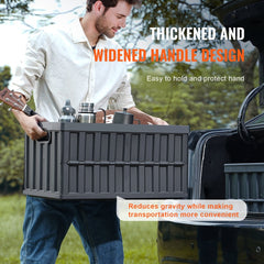 A man carries a black 65L collapsible storage bin with lid from a car trunk, highlighting its thickened handles.