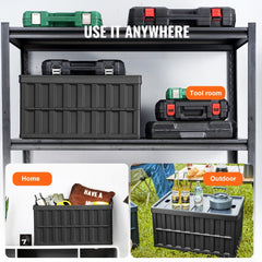 Three black collapsible storage bins are shown in various home, tool room, and outdoor settings.